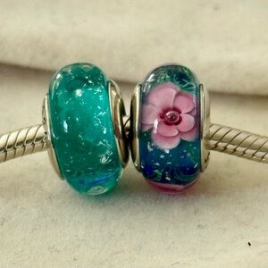 Murano charms Pink Flower & Teal Glass Set fit Pandora bracelets